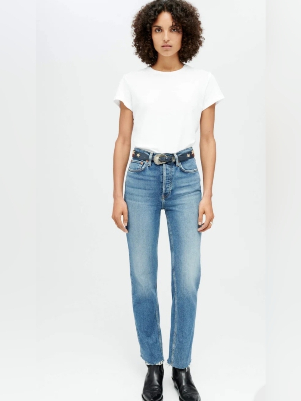 Re/Done Comfort Stretch High Rise Stove Pipe Jeans- In Medium Wash